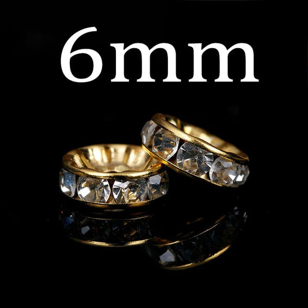 50pcs/lot 4 6 8 10mm Gold Silver Color Rhinestone Rondelles Crystal Bead Loose Spacer Beads for DIY Jewelry Making Accessories