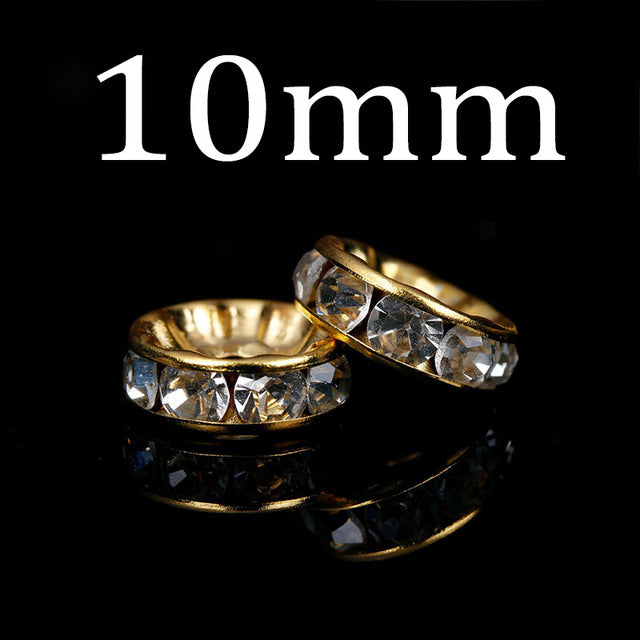 50pcs/lot 4 6 8 10mm Gold Silver Color Rhinestone Rondelles Crystal Bead Loose Spacer Beads for DIY Jewelry Making Accessories