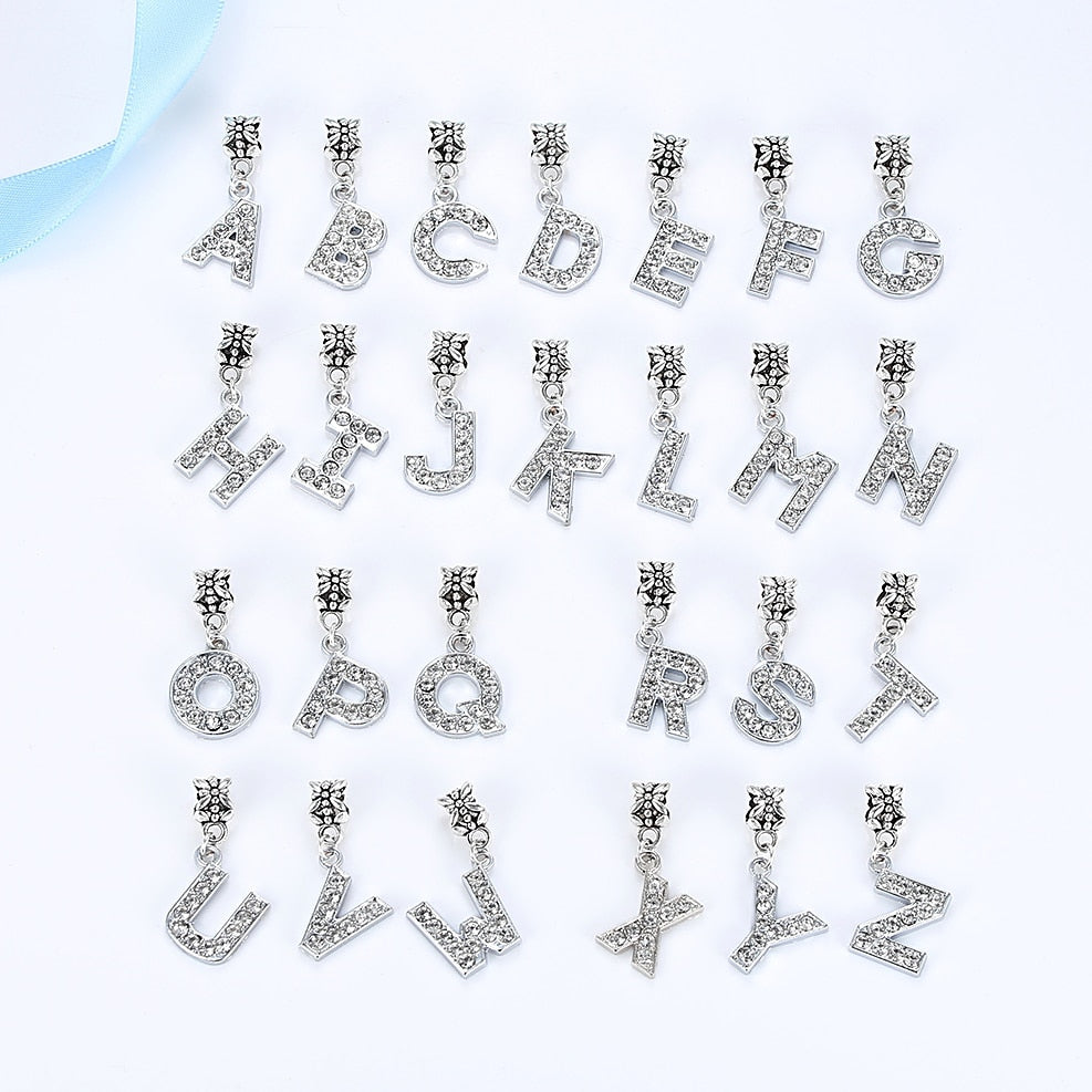 New Silver Plated Charm A-Z Bead Letter Alphabet Crystal Charms Pendant Beads Fit Pandora Bracelets Bangles DIY Women Jewelry B8