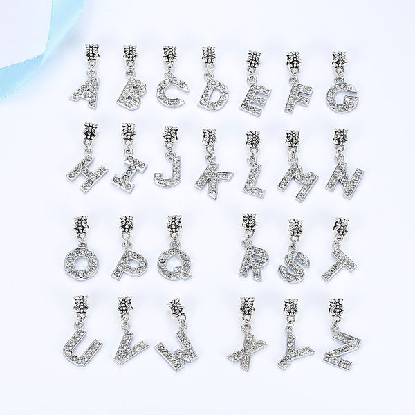 New Silver Plated Charm A-Z Bead Letter Alphabet Crystal Charms Pendant Beads Fit Pandora Bracelets Bangles DIY Women Jewelry B8