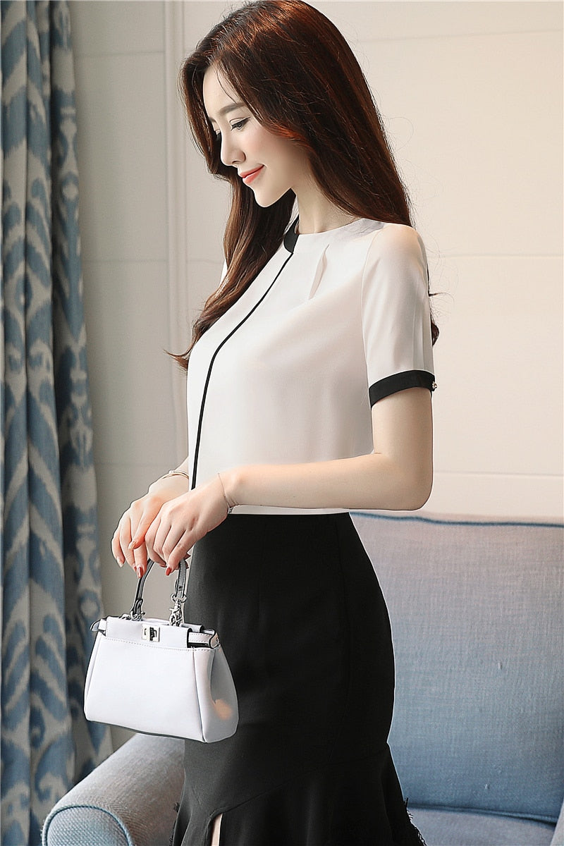 2018 summer chiffon women blouse shirt short sleeve elegant ladies office women tops casual slim white women clothing 0215 40