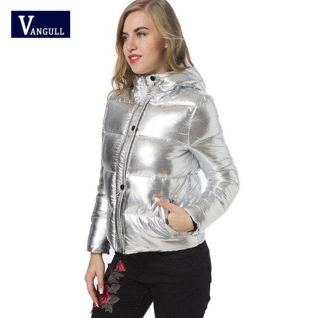 2018 Winter hot explosion models of female cotton pure bright Hooded Coat all-match silver white metallic Biker Jacket