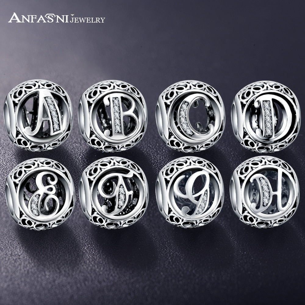 Dropshipping ANFASNI Real 925 Sterling Silver Vintage Clear Letter Bead Charms Fit Pandora Women Charm Bracelets Silver Jewelry