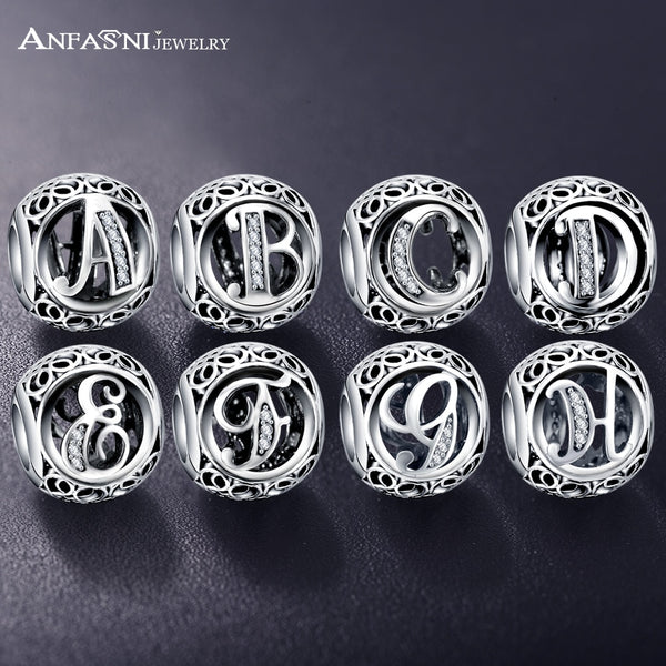 Dropshipping ANFASNI Real 925 Sterling Silver Vintage Clear Letter Bead Charms Fit Pandora Women Charm Bracelets Silver Jewelry