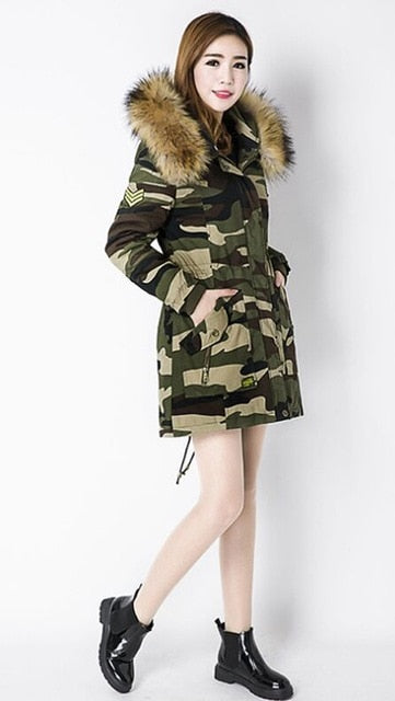 new winter jacket women Camouflage army green jacket female outerwear lady hoodies coat long top quality fur collar parkas L001