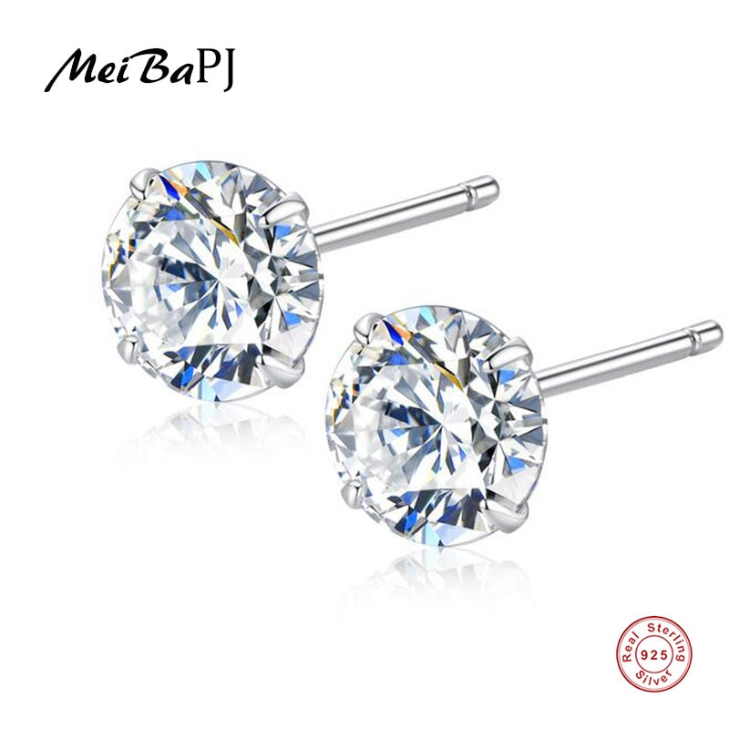 [MeiBaPJ] 6mm Classic Simple Zircon Stud Earrings 925 Sterling Silver Fashion Earrings Fine Jewelry for Women