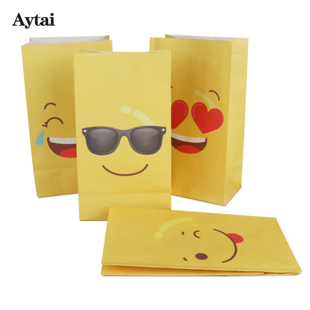 Aytai 12pcs Party Favors Emoji Paper Bags For Gifts With Emoji Stickers Yellow Four Kinds of Funny Expressions Candy Bags