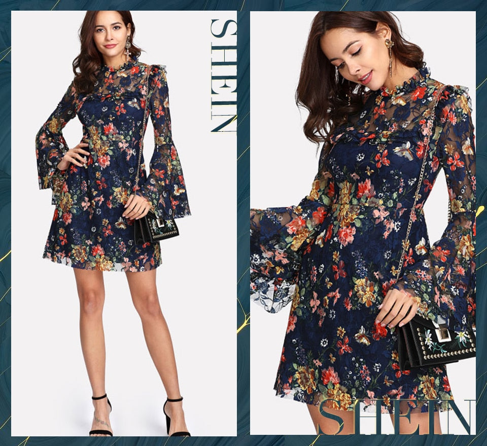 SHEIN Flower Print Swing A Line Summer Dress Long Sleeve Spring Multicolor Floral Calico Print Keyhole Back Bell Sleeve Dress