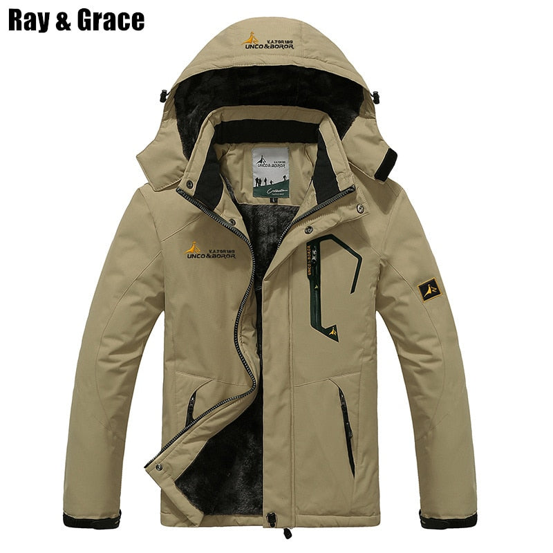 RAY GRACE Winter Jacket Men Outdoor Thick Fleece Thermal Coat Waterproof Hiking Jacket Camping Mountain Climbing Parka Plus Size