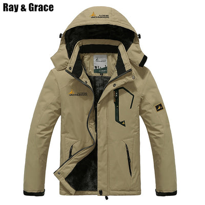 RAY GRACE Winter Jacket Men Outdoor Thick Fleece Thermal Coat Waterproof Hiking Jacket Camping Mountain Climbing Parka Plus Size