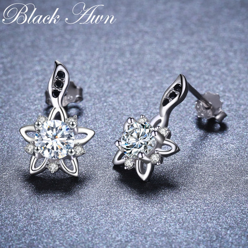 [BLACK AWN] Genuine 925 Sterling Silver Fine Jewelry Flower Black&White Stone Engagement Stud Earrings for Women T032