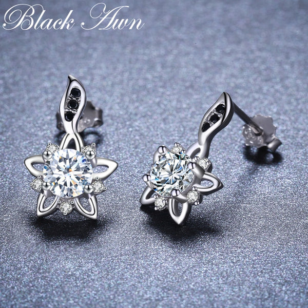 [BLACK AWN] Genuine 925 Sterling Silver Fine Jewelry Flower Black&White Stone Engagement Stud Earrings for Women T032