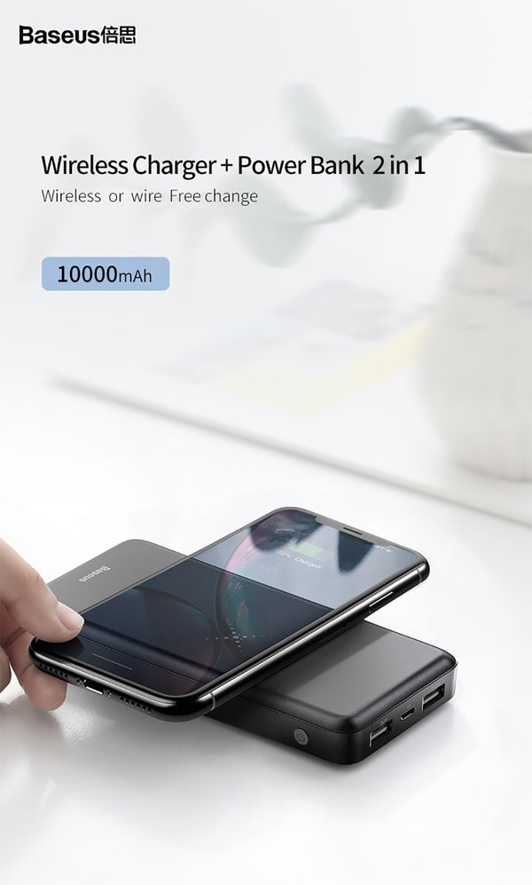 Baseus 10000mAh Wireless Charger Power Bank Dual USB Powerbank External Battery Wireless Charging For iPhone Xs Max Samsung S9