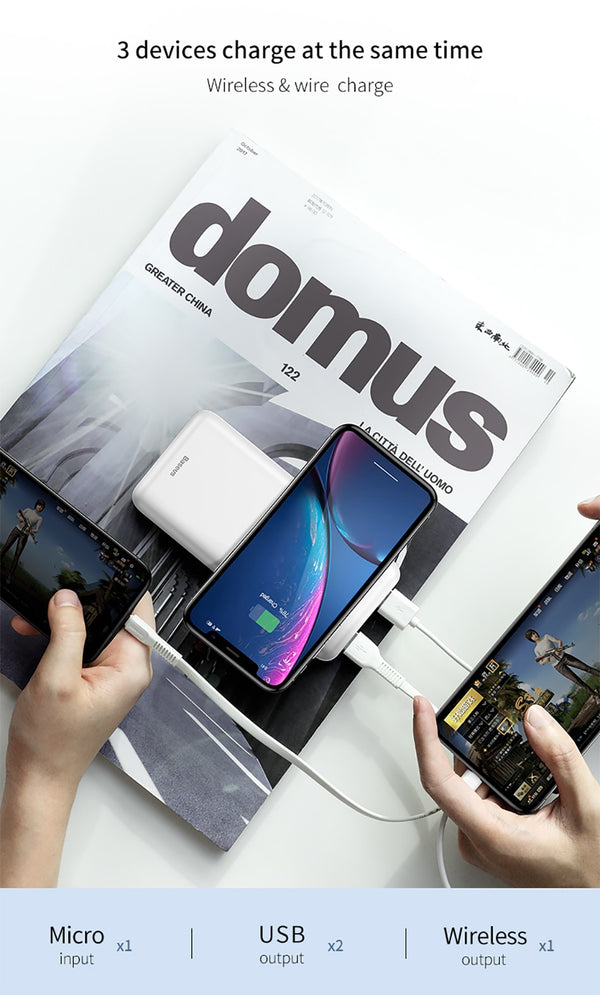 Baseus 10000mAh Wireless Charger Power Bank Dual USB Powerbank External Battery Wireless Charging For iPhone Xs Max Samsung S9