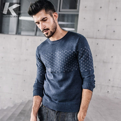 KUEGOU New Autumn Mens Fashion Sweaters Patchwork Blue Color Knitted Brand Clothing For Man's Slim Knitwear Male Pullovers 17015