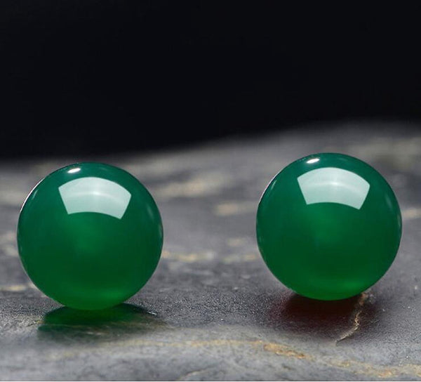 Ruifan 8mm Round Natural Green Agate Stud Earrings for Women S925 Sterling Silver Vintage Fine Jewelry Wedding Brincos YEA119