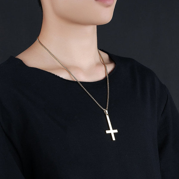 Fashion Stainless Steel Inverted Cross Pendant Necklace Lucifer Satan Punk Jewelry Chain For Men Women Anti-Christian Gift