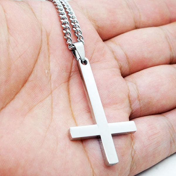 Fashion Stainless Steel Inverted Cross Pendant Necklace Lucifer Satan Punk Jewelry Chain For Men Women Anti-Christian Gift