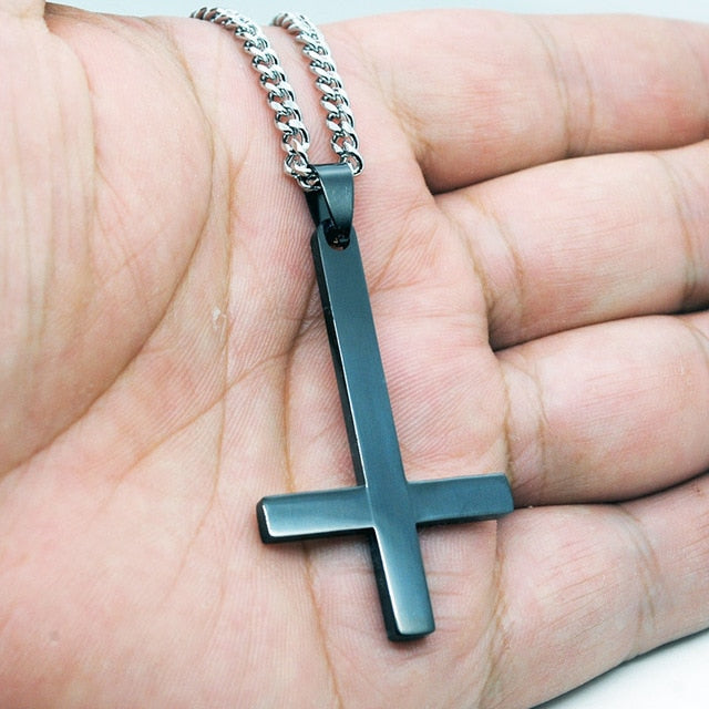 Fashion Stainless Steel Inverted Cross Pendant Necklace Lucifer Satan Punk Jewelry Chain For Men Women Anti-Christian Gift