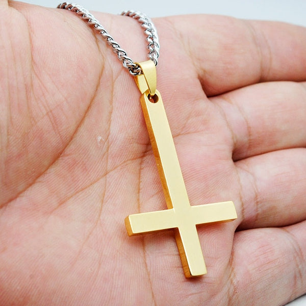 Fashion Stainless Steel Inverted Cross Pendant Necklace Lucifer Satan Punk Jewelry Chain For Men Women Anti-Christian Gift