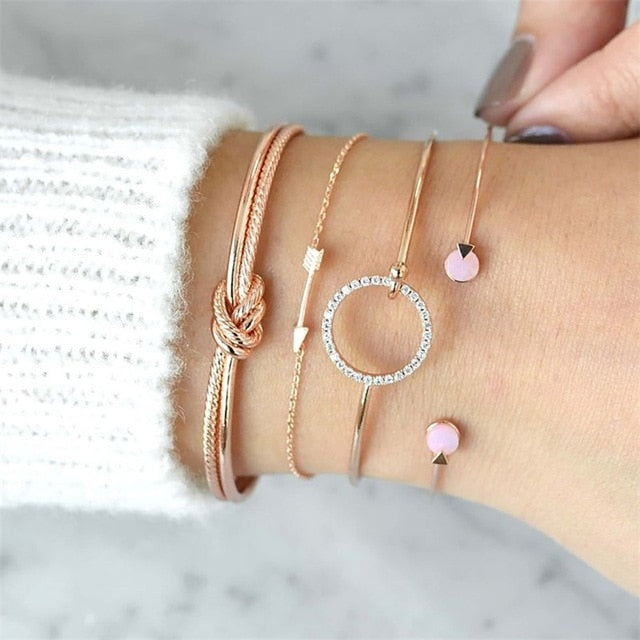 4 Pcs/ Set Classic Arrow Knot Round Crystal Multilayer Adjustable Open Bracelet Set Women Fashion Party Jewelry Multiple Styles
