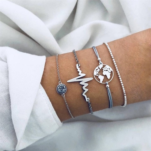 4 Pcs/ Set Classic Arrow Knot Round Crystal Multilayer Adjustable Open Bracelet Set Women Fashion Party Jewelry Multiple Styles