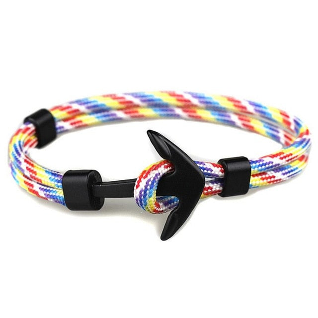 Fashion Black Anchor Bracelets Men Charm 550 Survival Rope Chain Paracord Bracelet Male Wrap Metal Sport Hooks