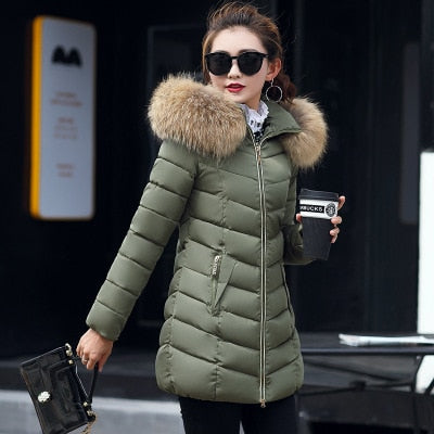Fashion Long Girls Winter Jacket Women Slim Thick Zipper Pockets Parka With Fur Casual Solid Outerwear Coat 2018 New Long Sleeve
