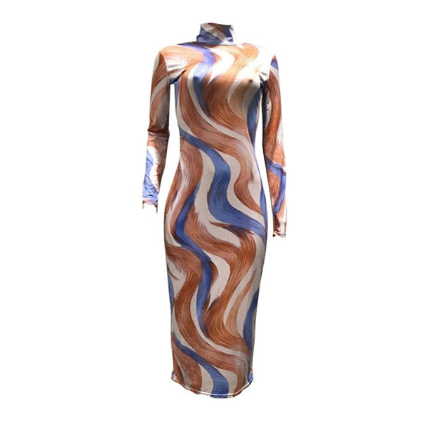 Echoine Women Sexy Dress Curve Print Turtleneck Multicolor Snakelike Long Sleeve Bodycon Ankle-Length Evening Party Vestidos