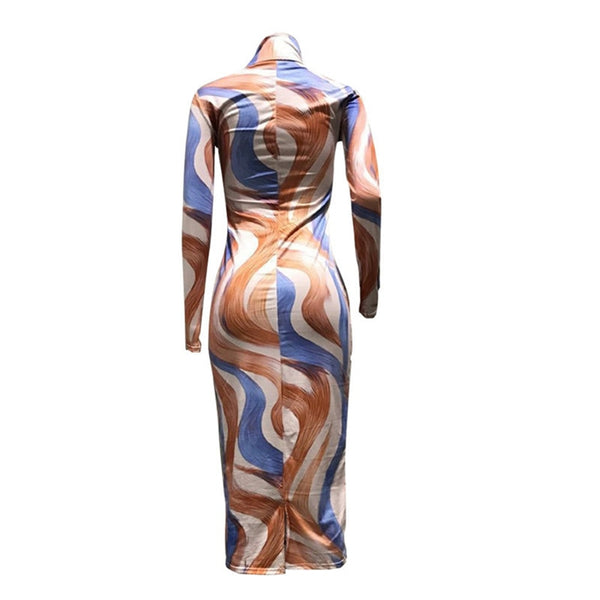 Echoine Women Sexy Dress Curve Print Turtleneck Multicolor Snakelike Long Sleeve Bodycon Ankle-Length Evening Party Vestidos