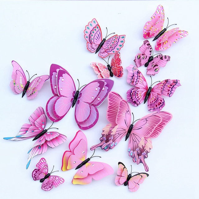 12pcs Multicolor Double Layer Wings 3D Butterfly Wall Sticker Magnet PVC Butterflies Party Kids Bedroom Fridge Decor Magnetic