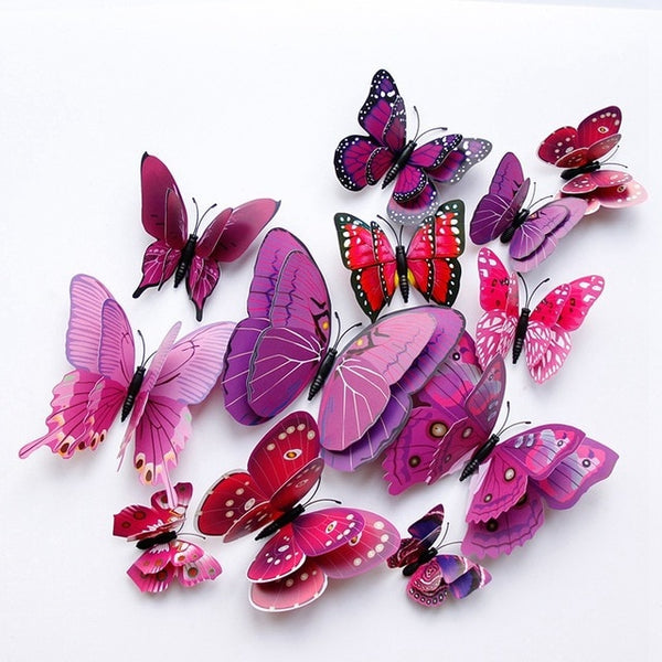 12pcs Multicolor Double Layer Wings 3D Butterfly Wall Sticker Magnet PVC Butterflies Party Kids Bedroom Fridge Decor Magnetic
