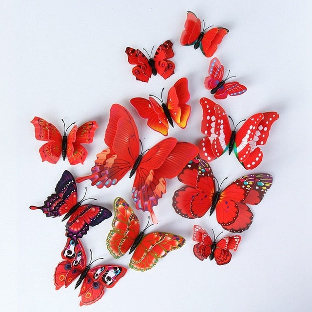 12pcs Multicolor Double Layer Wings 3D Butterfly Wall Sticker Magnet PVC Butterflies Party Kids Bedroom Fridge Decor Magnetic