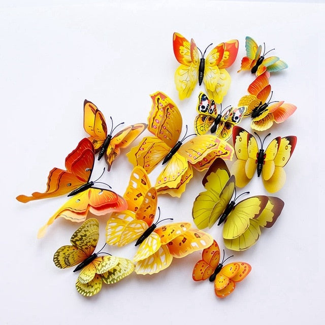 12pcs Multicolor Double Layer Wings 3D Butterfly Wall Sticker Magnet PVC Butterflies Party Kids Bedroom Fridge Decor Magnetic