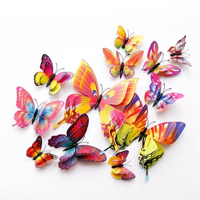 12pcs Multicolor Double Layer Wings 3D Butterfly Wall Sticker Magnet PVC Butterflies Party Kids Bedroom Fridge Decor Magnetic