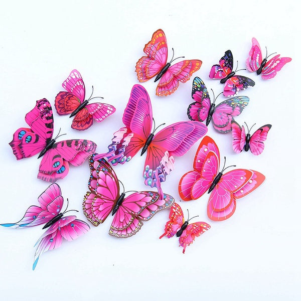 12pcs Multicolor Double Layer Wings 3D Butterfly Wall Sticker Magnet PVC Butterflies Party Kids Bedroom Fridge Decor Magnetic