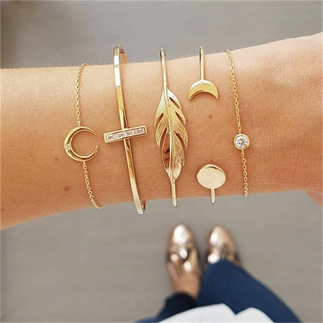 KISS WIFE 5Pcs/Set Fashion Punk Gold Chain Moon Leaf Crystal Geometry Open Bracelet Set Women Charm Beach Jewelry Drop Shipping