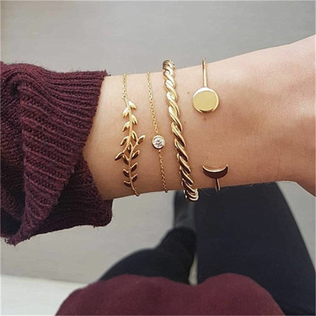 KISS WIFE 5Pcs/Set Fashion Punk Gold Chain Moon Leaf Crystal Geometry Open Bracelet Set Women Charm Beach Jewelry Drop Shipping