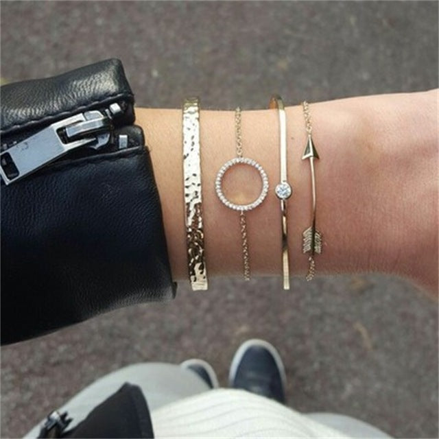 KISS WIFE 5Pcs/Set Fashion Punk Gold Chain Moon Leaf Crystal Geometry Open Bracelet Set Women Charm Beach Jewelry Drop Shipping