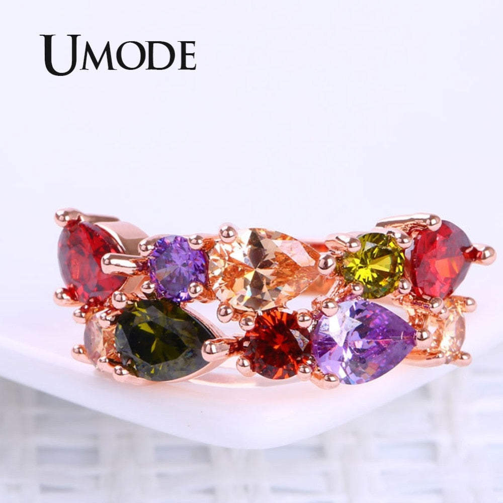 UMODE Wedding Band Gold Womens Rings Fashion Colorful AAA+ Water Drop Cubric Zirconia Metal Jewelry for Women Wholesale UR0441