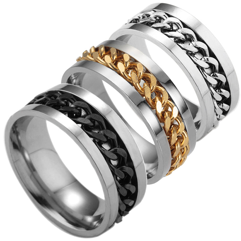 New  Size 6-12 Popular Black/Golden/ Silver Color Men Rings Stainless Steel Titanium Chain 8 Can be Rotated Fashion Jewelry