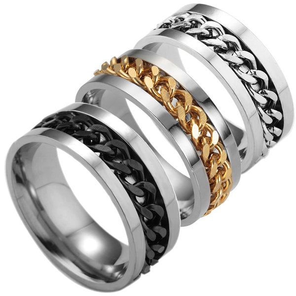 New  Size 6-12 Popular Black/Golden/ Silver Color Men Rings Stainless Steel Titanium Chain 8 Can be Rotated Fashion Jewelry