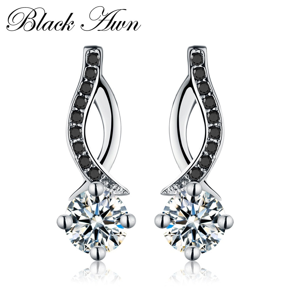 Genuine 925 Sterling Silver Jewelry Black&White Stone Engagement Stud Earrings for Women T014