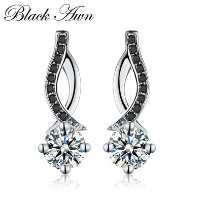 Genuine 925 Sterling Silver Jewelry Black&White Stone Engagement Stud Earrings for Women T014