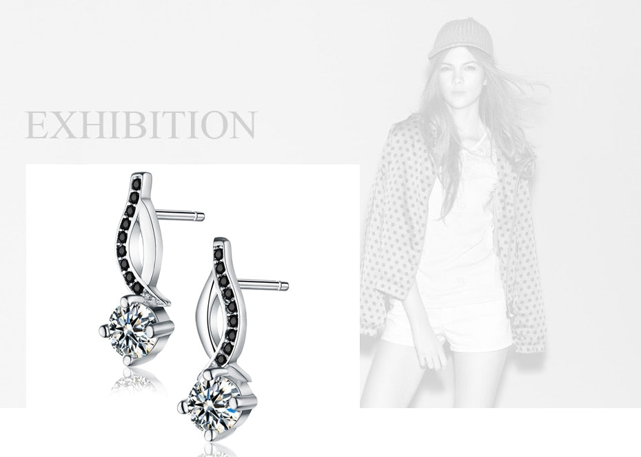Genuine 925 Sterling Silver Jewelry Black&White Stone Engagement Stud Earrings for Women T014