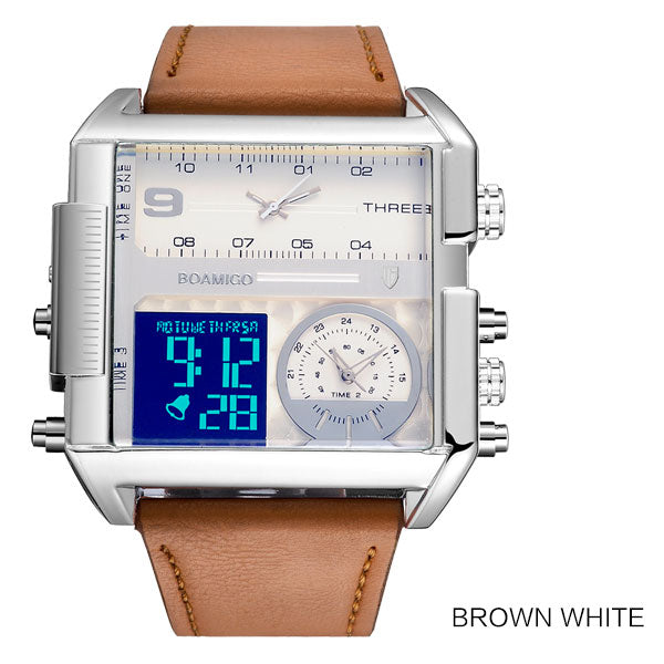 BOAMIGO brand men sports watches 3 time zone big man fashion watch leather quartz wristwatches relogio masculino montre homme