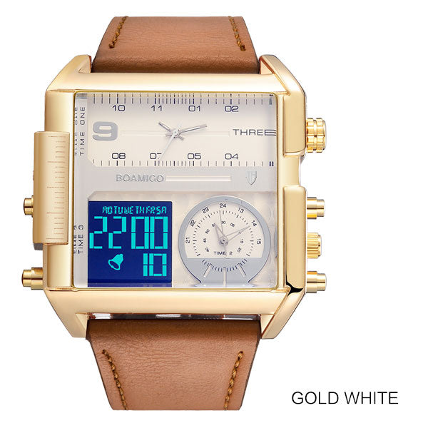 BOAMIGO brand men sports watches 3 time zone big man fashion watch leather quartz wristwatches relogio masculino montre homme