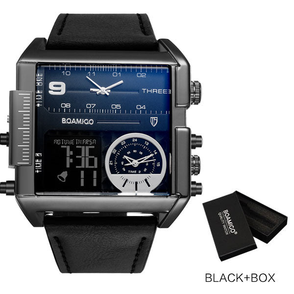 BOAMIGO brand men sports watches 3 time zone big man fashion watch leather quartz wristwatches relogio masculino montre homme