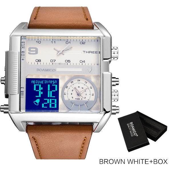 BOAMIGO brand men sports watches 3 time zone big man fashion watch leather quartz wristwatches relogio masculino montre homme