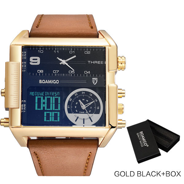 BOAMIGO brand men sports watches 3 time zone big man fashion watch leather quartz wristwatches relogio masculino montre homme